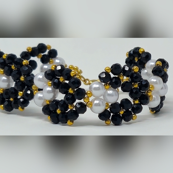 Hand Crafted Jewelry - Chic Black and White Beaded Bracelet with Gold Accents
